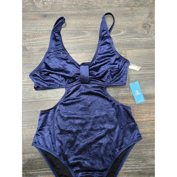 NWT Cupshe Women's Cutout Floral Blue Tonal Velvet One Piece Swimsuit Large - Picture 6 of 10